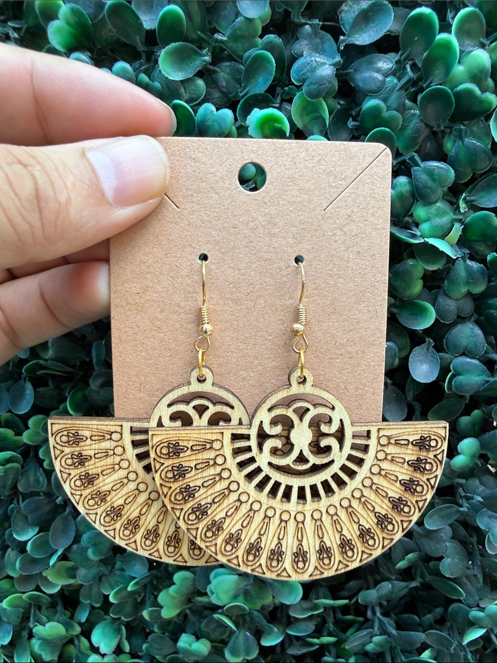 Hand Crafted Wooden Fan Drop Earrings - Gold
